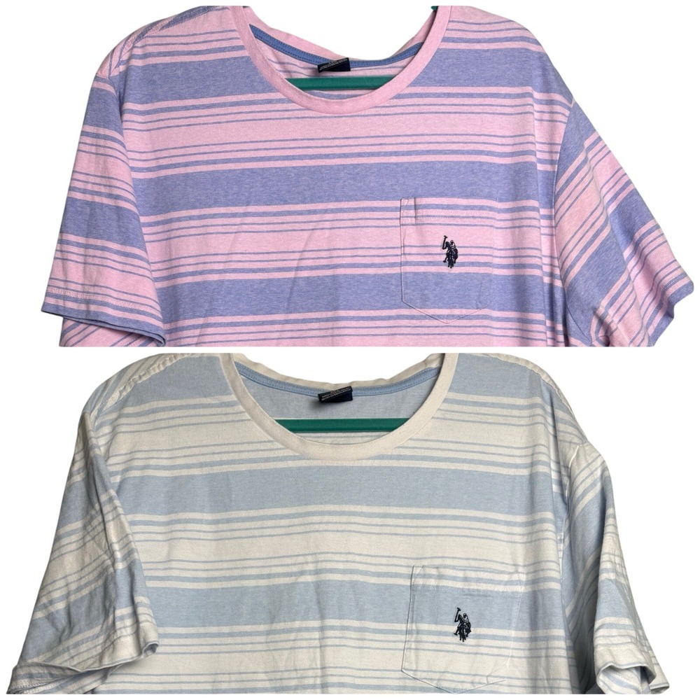 LOT OF 2 - U.S‎ Polo Assn. Men's Short Sleeve T-Shirt Blue Pink White Stripe 2XL